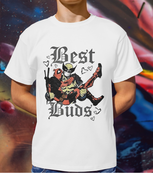 Best Buds Wolverine Carrying Deadpool With Hearts T-Shirt