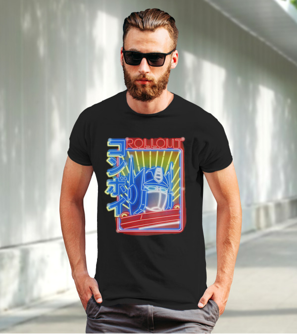 Rollout Neon Prime Robot Head With Japanese Characters T-Shirt