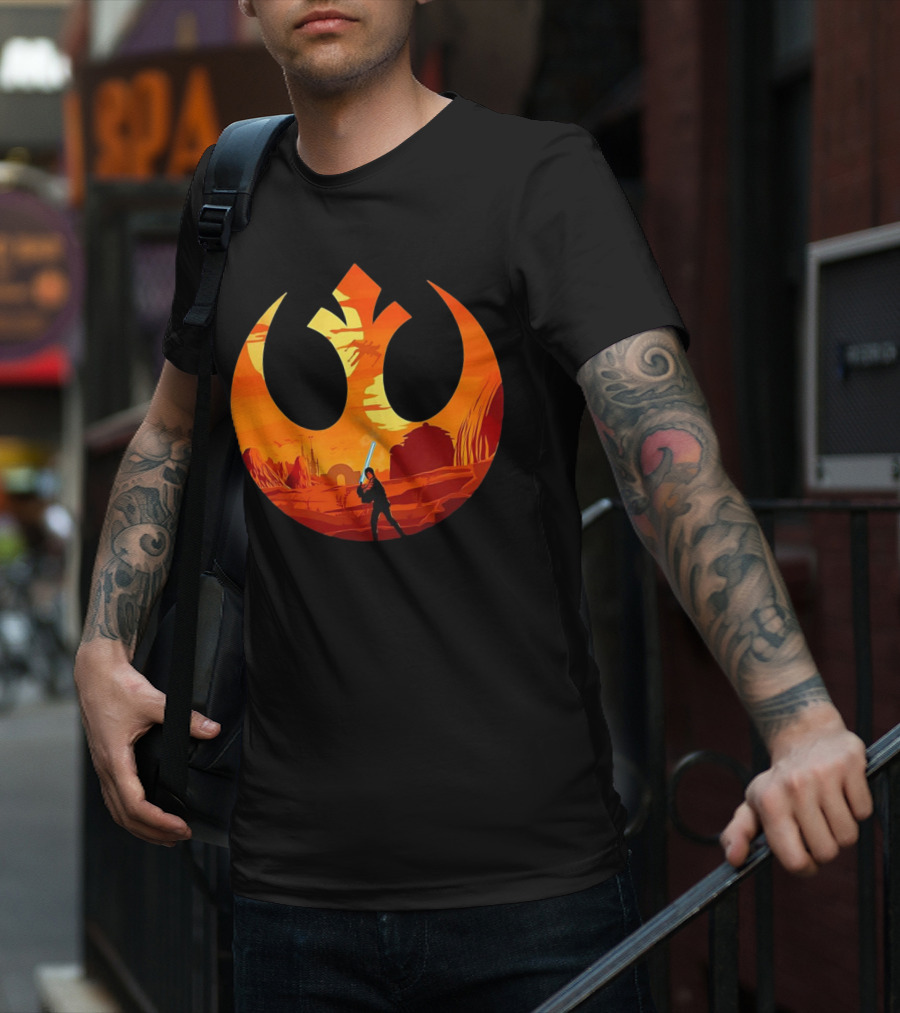 Luke Skywalker The Knight Farmer Tatooine Rebel Symbol Sunset Scene T-Shirt