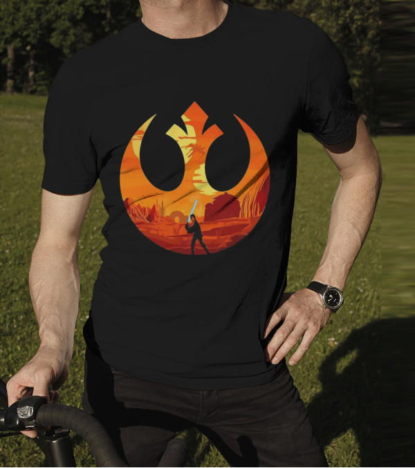 Luke Skywalker The Knight Farmer Tatooine Rebel Symbol Sunset Scene T-Shirt