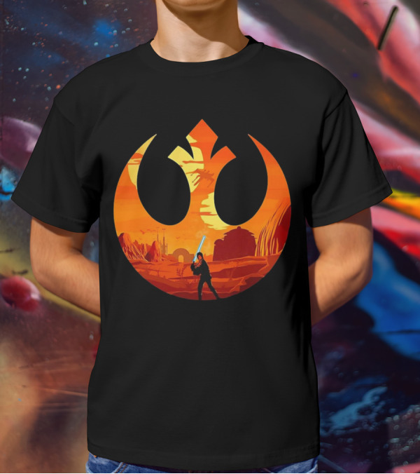 Luke Skywalker The Knight Farmer Tatooine Rebel Symbol Sunset Scene T-Shirt