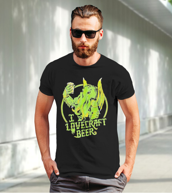 Cthulhu I Love Craft Beer Green Creature Holding Mug T-Shirt