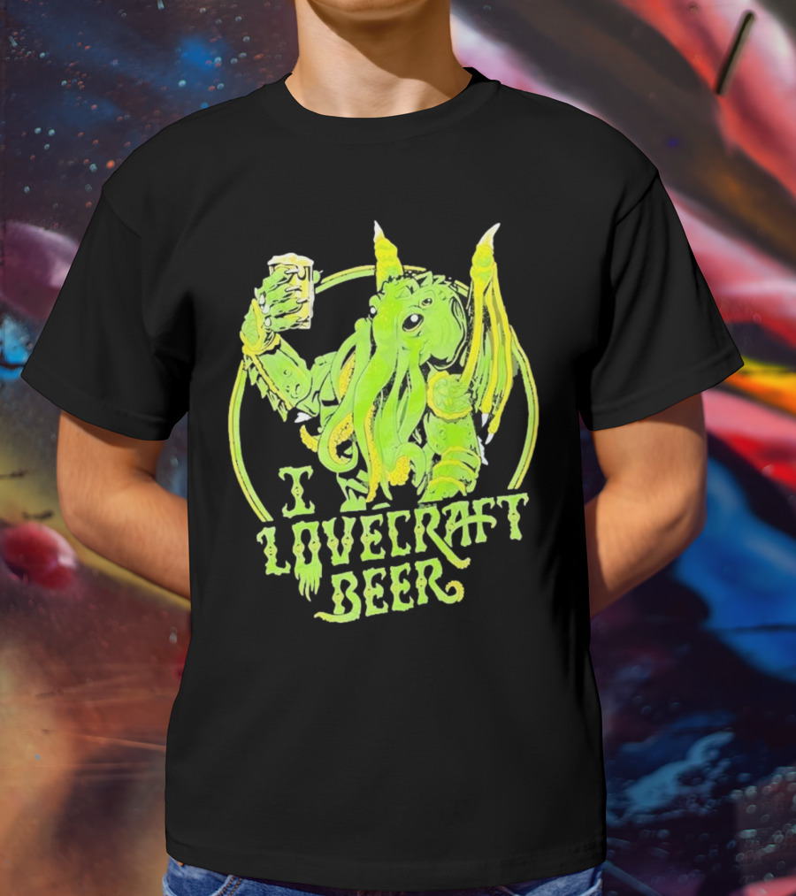 Cthulhu I Love Craft Beer Green Creature Holding Mug T-Shirt