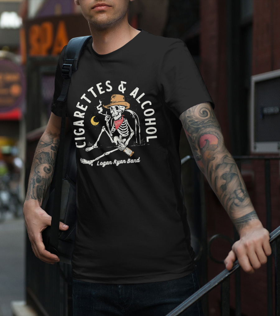 Logan Ryan Band Cigarettes And Alcohol Skeleton In Cowboy Hat Smoking With Bottle And Moon T-Shirt