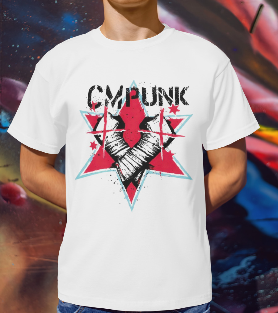 CM Punk Clobber McIntyre Logo Stars Fist Red Blue T-Shirt