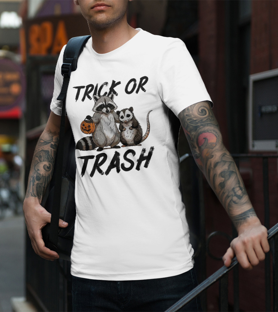 Trick Or Trash Halloween Raccoon With Pumpkin T-Shirt