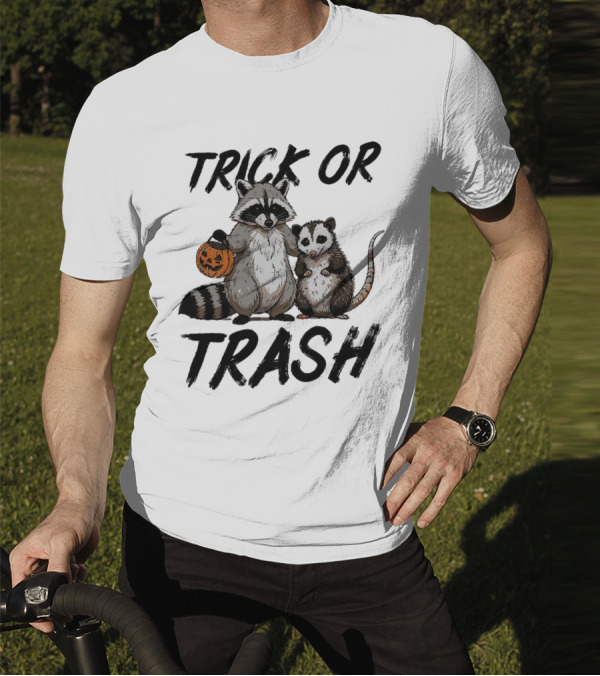 Trick Or Trash Halloween Raccoon With Pumpkin T-Shirt