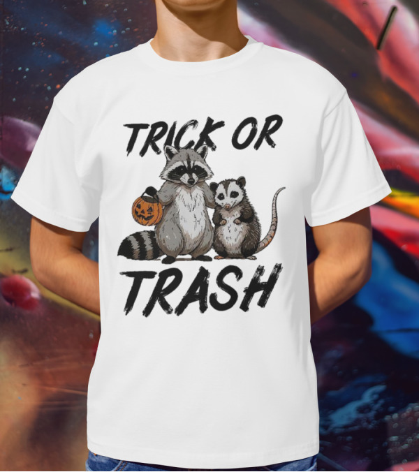 Trick Or Trash Halloween Raccoon With Pumpkin T-Shirt