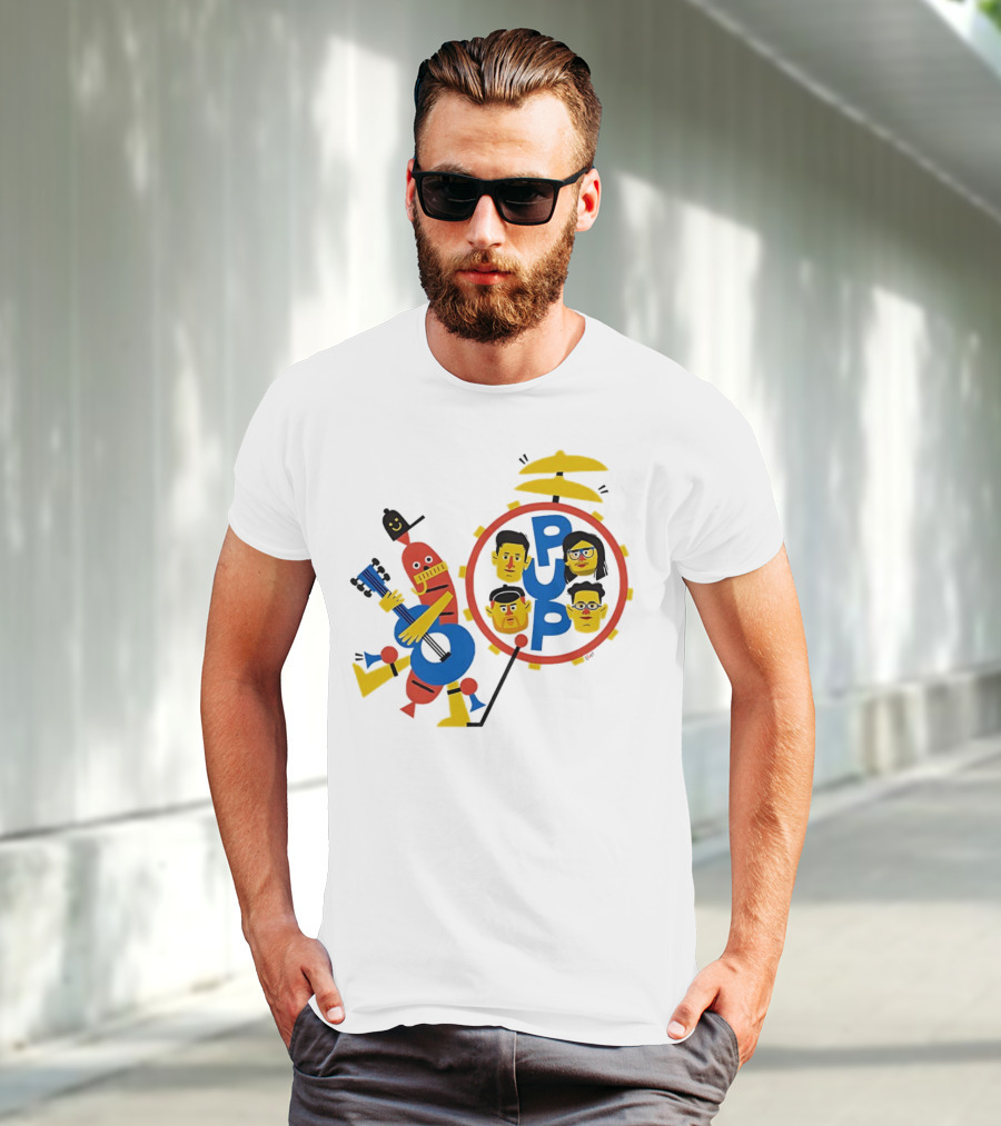 Band Of Wiener Pup Drum Faces And Guitar Character T-Shirt