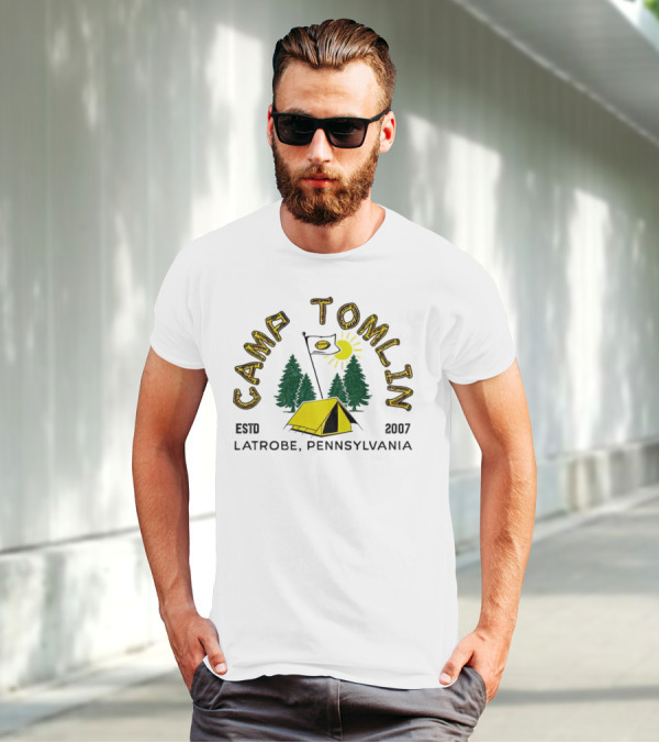 Camp Tomlin Established 2007 Latrobe Pennsylvania Football Camping Tent Trees Moon Sun T-Shirt