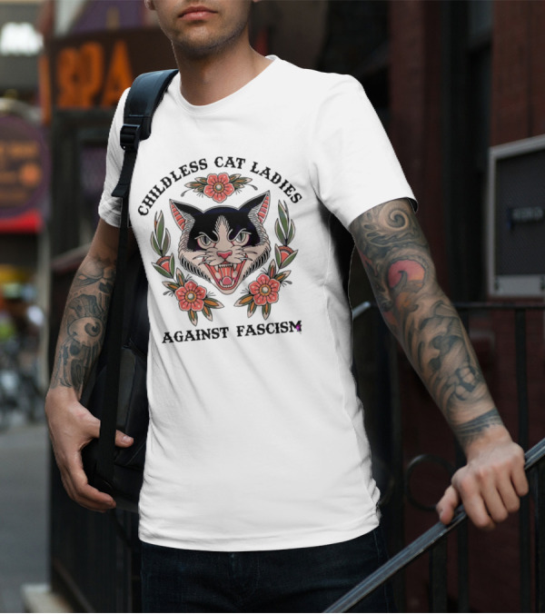Childless Cat Ladies Against Fascism Fierce Cat With Flowers T-Shirt