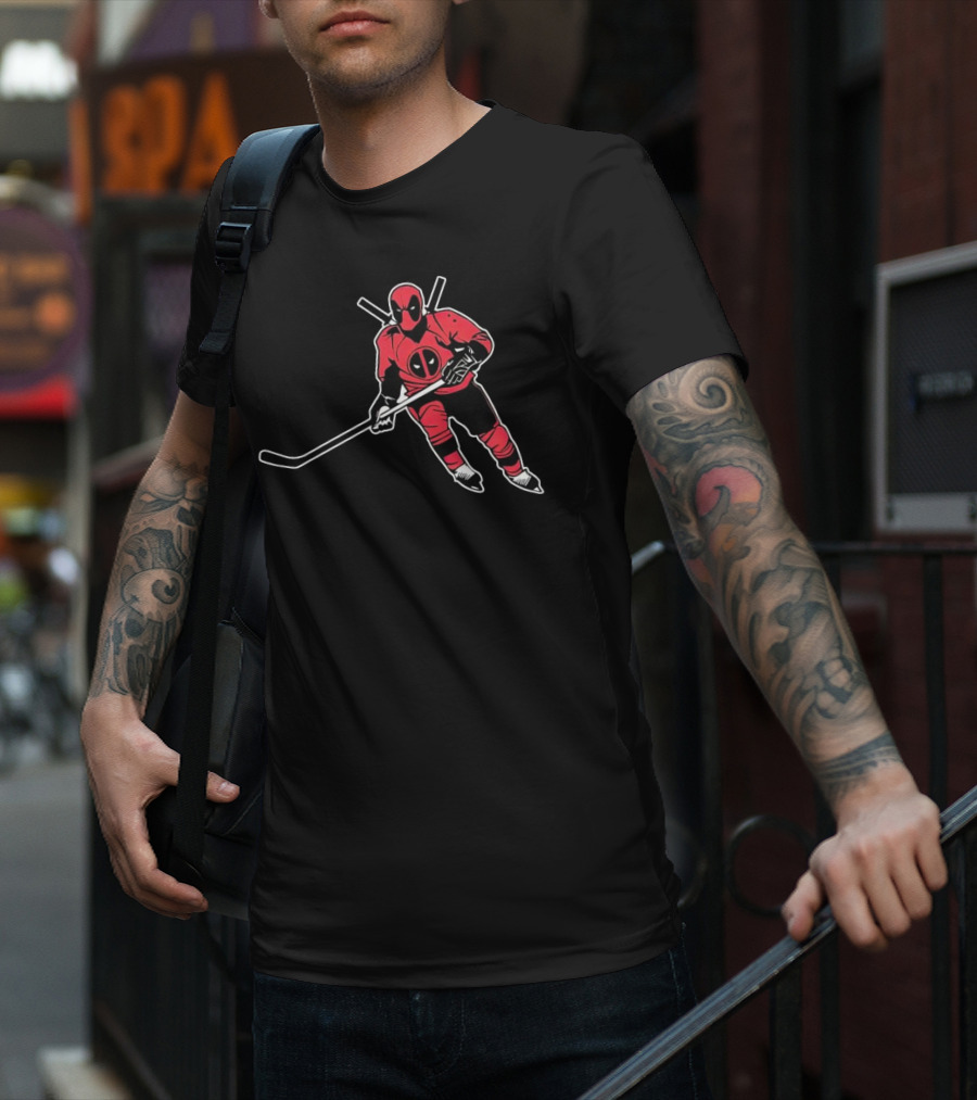 Deadpool Playing Hockey With Iconic Mask And Costume T-Shirt