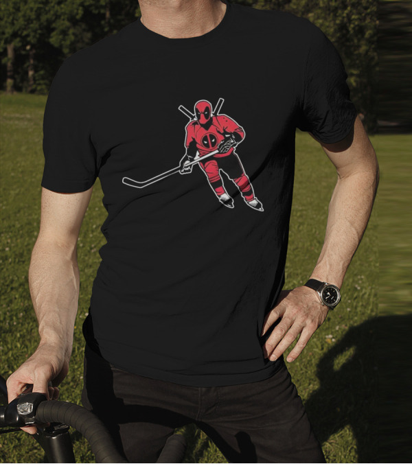 Deadpool Playing Hockey With Iconic Mask And Costume T-Shirt