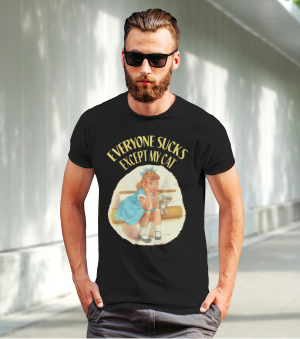 Everyone Sucks Except My Cat Vintage Girl With Kitten T-Shirt