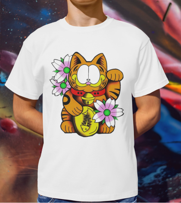 Garfield Maneki Neko With Fish Coin And Flowers T-Shirt