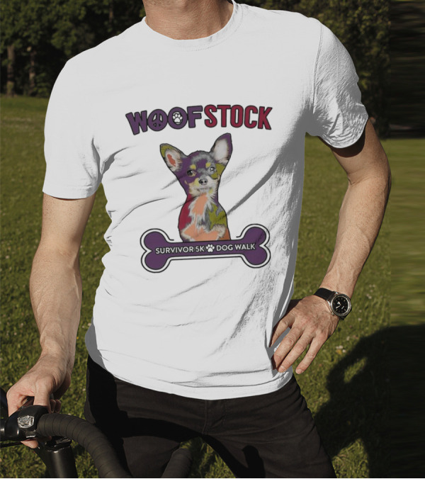 Woof Stock Peace Sign Survivor 5K Dog Walk Colorful Chihuahua Bone T-Shirt
