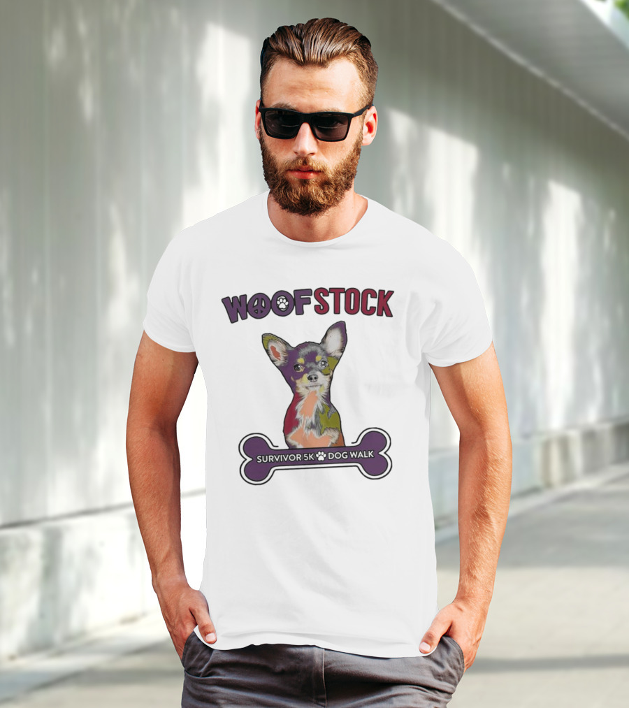 Woof Stock Peace Sign Survivor 5K Dog Walk Colorful Chihuahua Bone T-Shirt