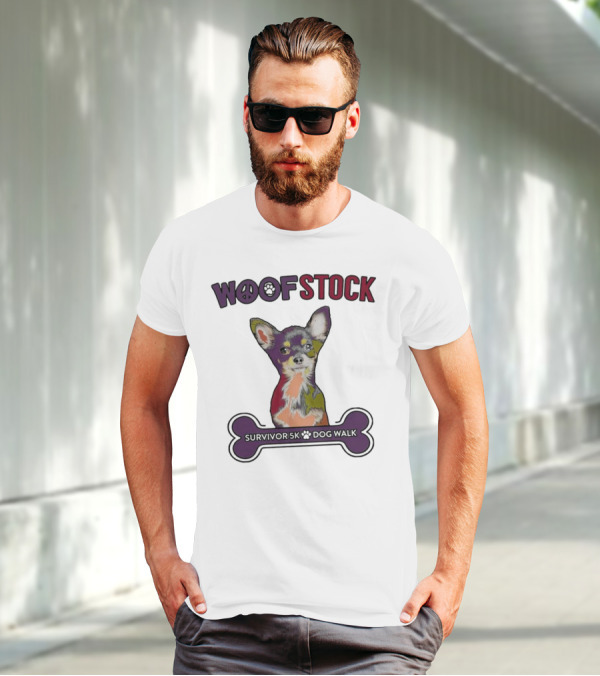 Woof Stock Peace Sign Survivor 5K Dog Walk Colorful Chihuahua Bone T-Shirt