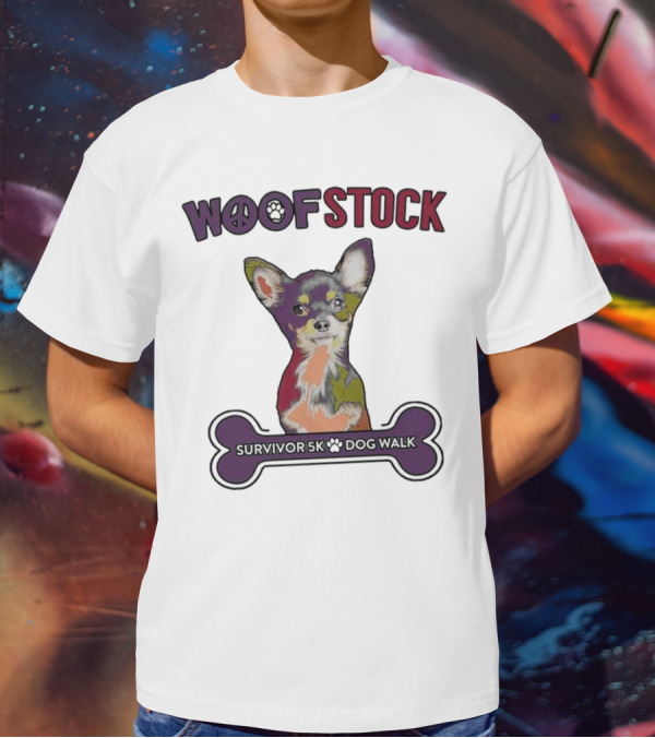 Woof Stock Peace Sign Survivor 5K Dog Walk Colorful Chihuahua Bone T-Shirt