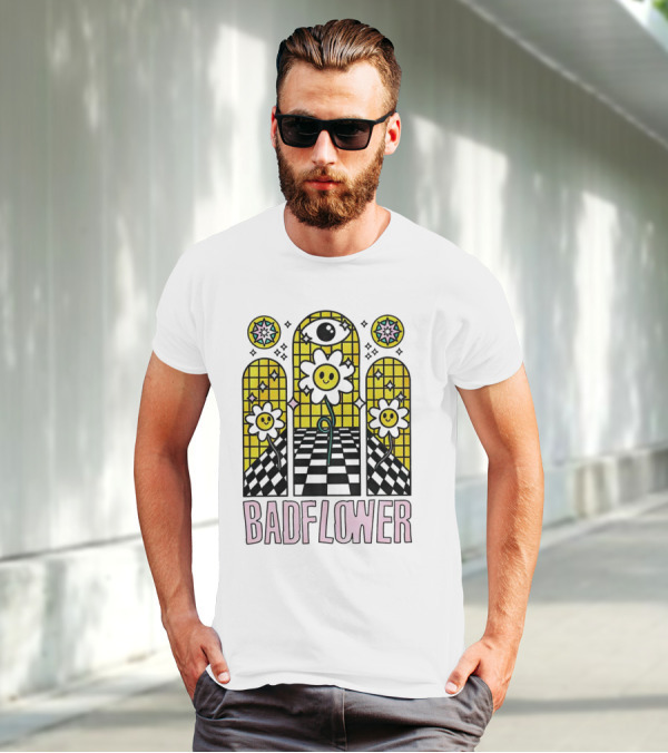 Badflower Eyeball Wall Happy Flowers Stained Glass T-Shirt