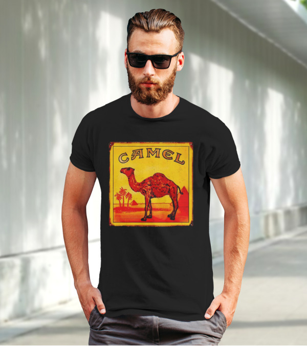 Vintage Camel Cigarettes Logo Yellow Square With Red Camel And Pyramids T-Shirt