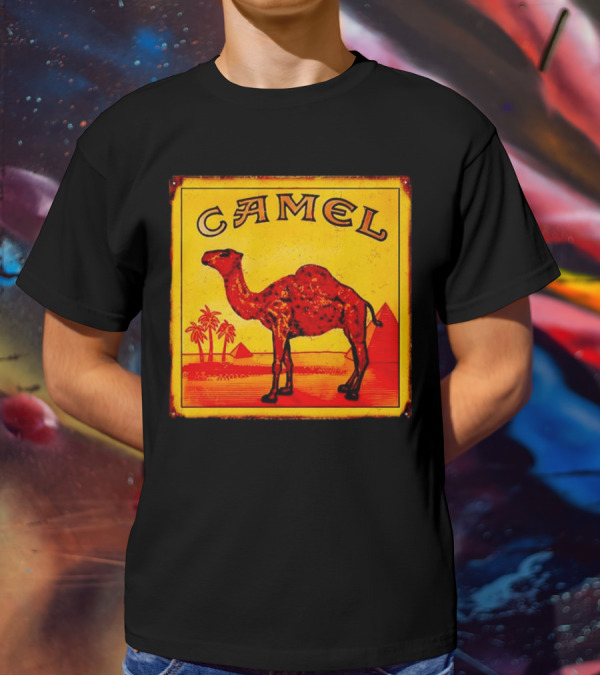 Vintage Camel Cigarettes Logo Yellow Square With Red Camel And Pyramids T-Shirt