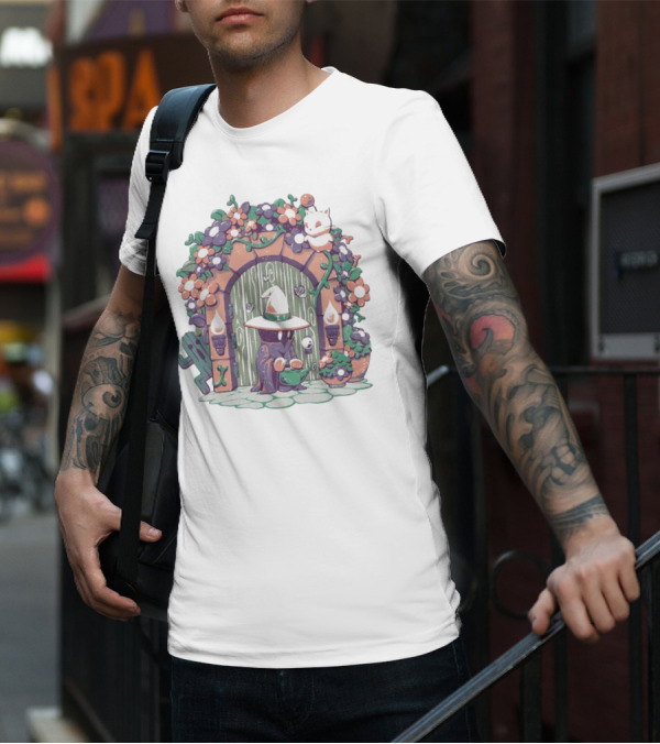 A Gardening Mage And Friends Enchanted Floral Doorway Fantasy Garden Scene T-Shirt