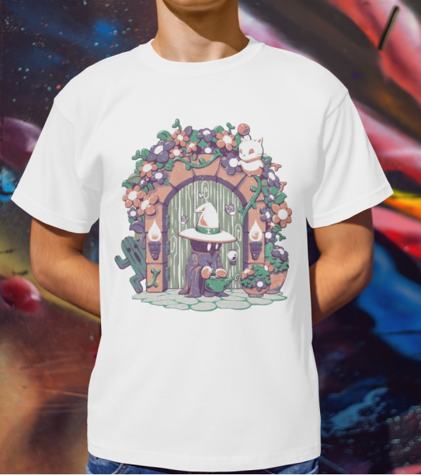 A Gardening Mage And Friends Enchanted Floral Doorway Fantasy Garden Scene T-Shirt