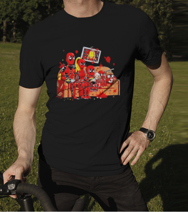 Deadpool Characters Sitting On Simpsons Couch With TV Screen T-Shirt