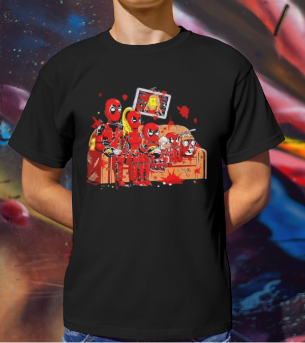Deadpool Characters Sitting On Simpsons Couch With TV Screen T-Shirt