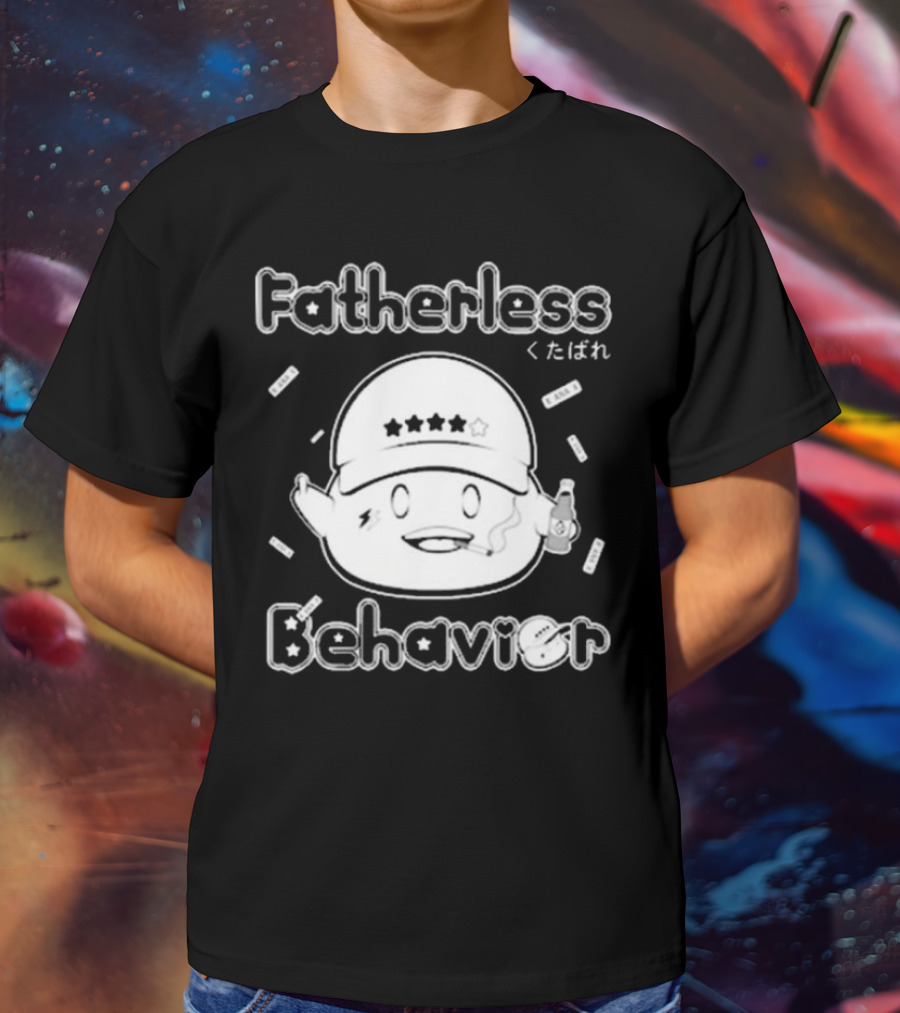 Fatherless Behavior Cute Character Holding Drink With Japanese Text くたばれ T-Shirt