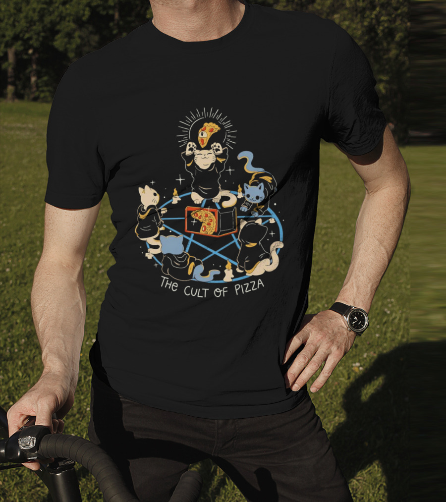 The Cult Of Pizza Cats Summoning Ceremony With Illuminated Slice And Mystical Blue Pentagram T-Shirt