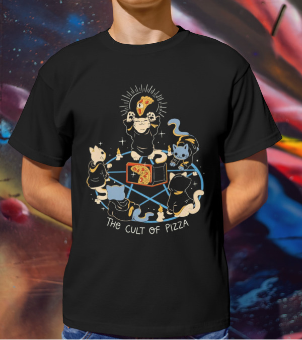 The Cult Of Pizza Cats Summoning Ceremony With Illuminated Slice And Mystical Blue Pentagram T-Shirt
