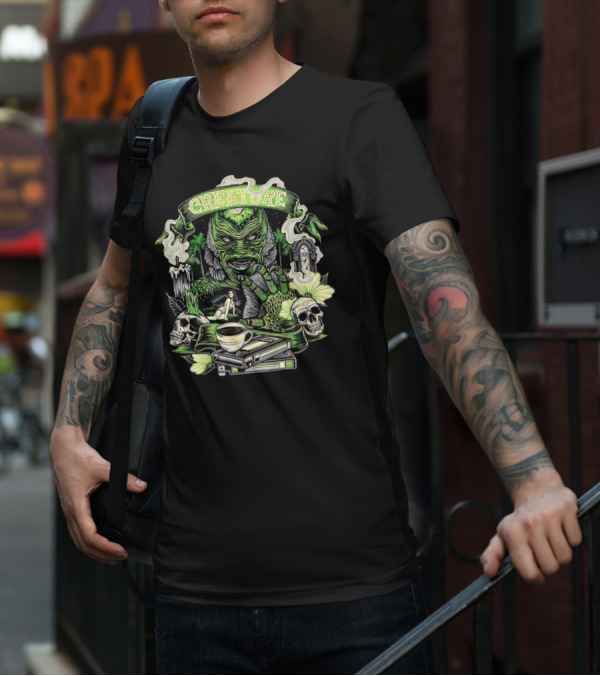 Creature From The Black Lagoon Gill-man Illustrated With Skulls, Books, And Coffee Cup T-Shirt