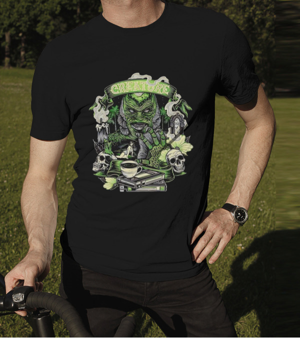 Creature From The Black Lagoon Gill-man Illustrated With Skulls, Books, And Coffee Cup T-Shirt