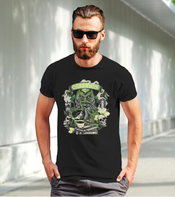 Creature From The Black Lagoon Gill-man Illustrated With Skulls, Books, And Coffee Cup T-Shirt