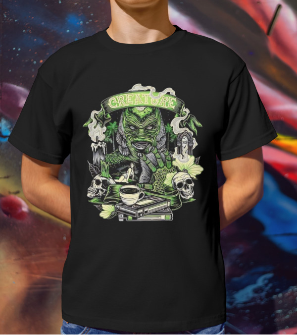 Creature From The Black Lagoon Gill-man Illustrated With Skulls, Books, And Coffee Cup T-Shirt