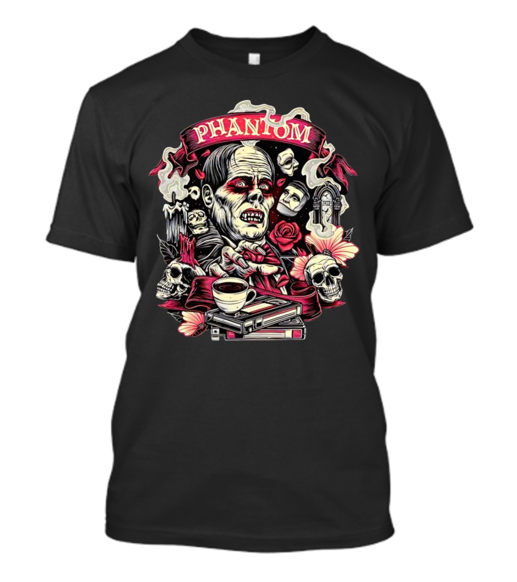 Phantom Of The Opera The Many Faces Of The Phantom With Skulls, Roses, And Coffee Cup T-Shirt