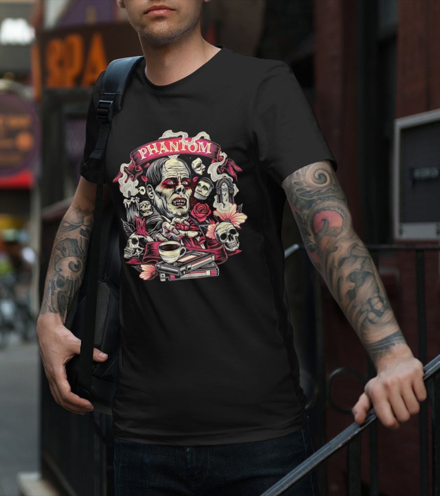Phantom Of The Opera The Many Faces Of The Phantom With Skulls, Roses, And Coffee Cup T-Shirt
