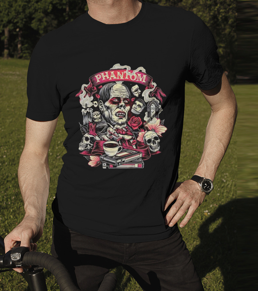 Phantom Of The Opera The Many Faces Of The Phantom With Skulls, Roses, And Coffee Cup T-Shirt