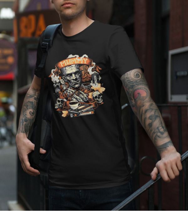 Mummy Vintage Horror Scene With Skulls And Coffee T-Shirt