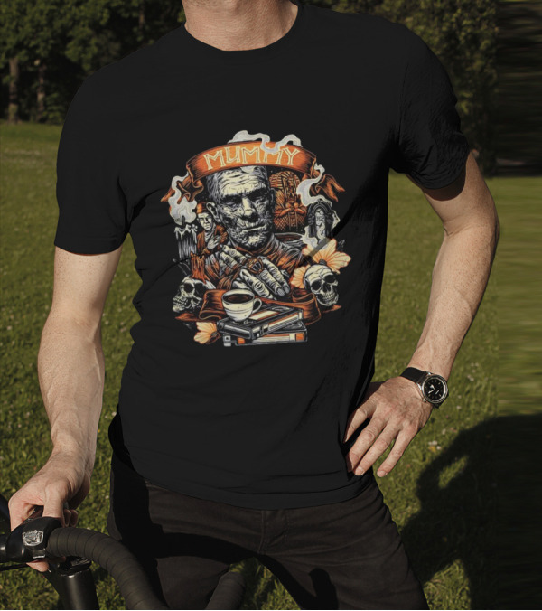 Mummy Vintage Horror Scene With Skulls And Coffee T-Shirt