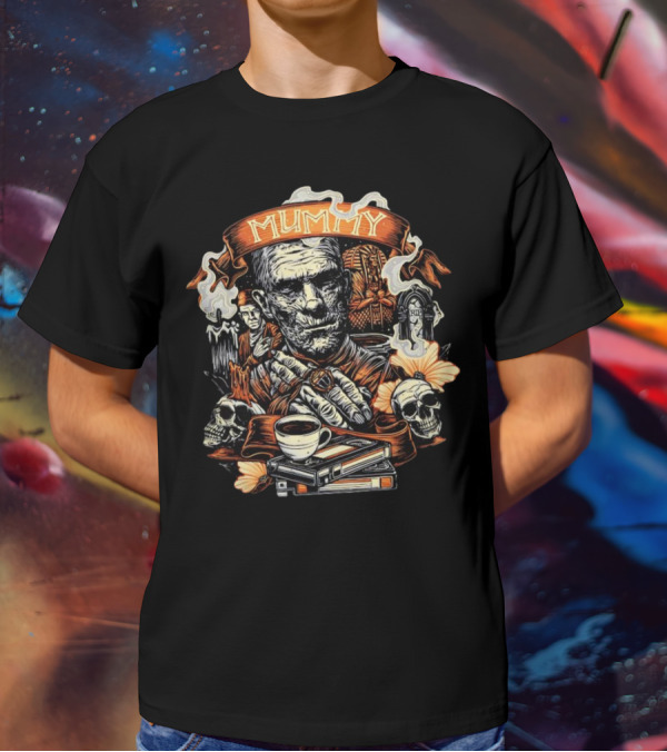 Mummy Vintage Horror Scene With Skulls And Coffee T-Shirt