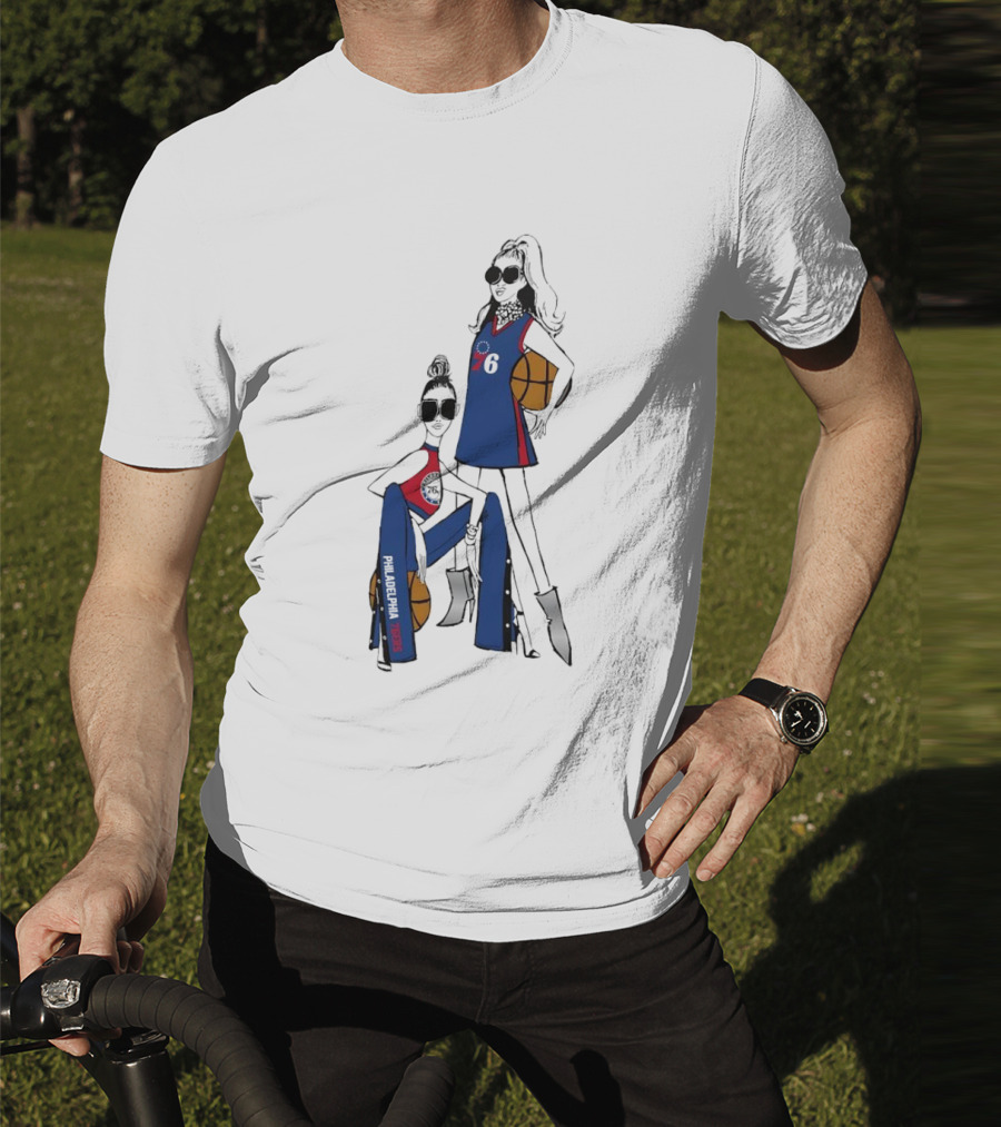 Philadelphia 76ers G-III 4Her Basketball Girls Fitted Blue And Red 76 Jersey And Pants With Basketball T-Shirt