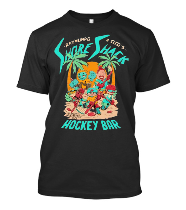 Raymundo And Tito's Shore Shack Hockey Bar Cartoon On The Beach With Hockey Players And Palm Trees T-Shirt