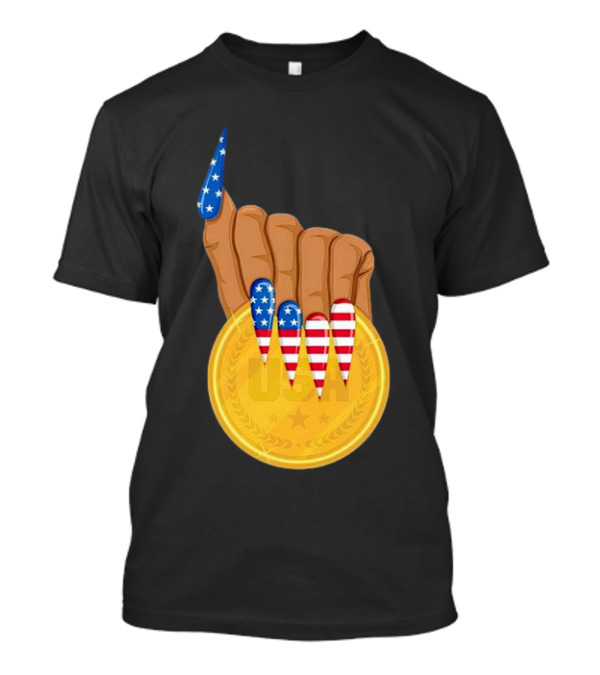 USA Gold Medal Hand With American Flag Nails T-Shirt