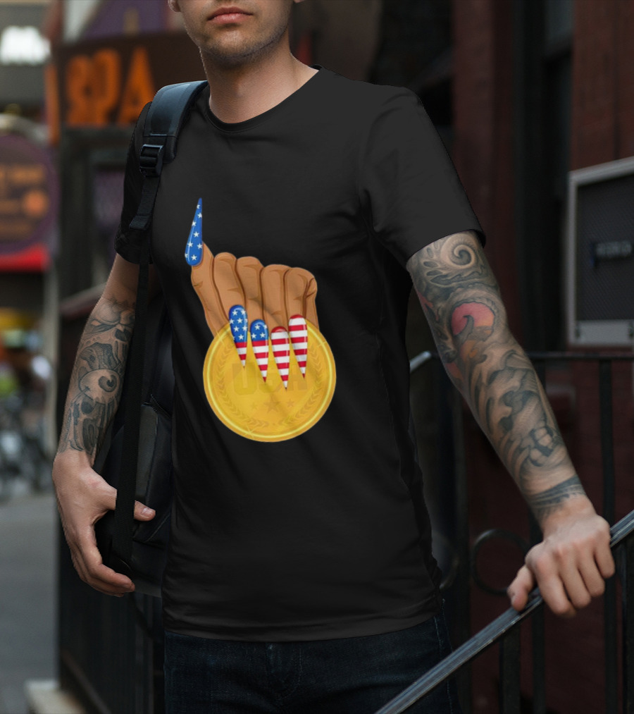 USA Gold Medal Hand With American Flag Nails T-Shirt