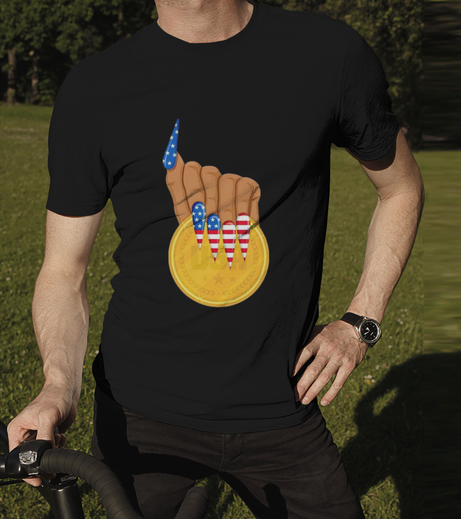 USA Gold Medal Hand With American Flag Nails T-Shirt