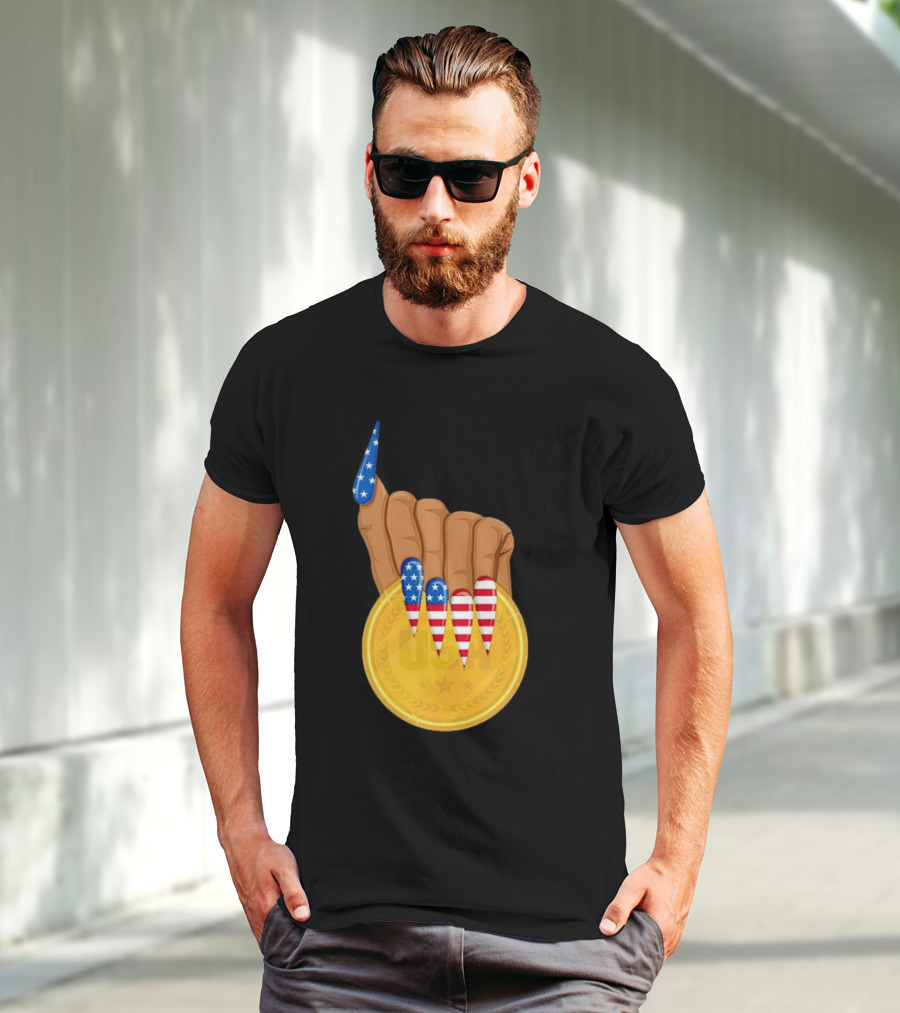 USA Gold Medal Hand With American Flag Nails T-Shirt