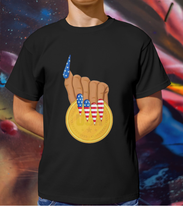 USA Gold Medal Hand With American Flag Nails T-Shirt